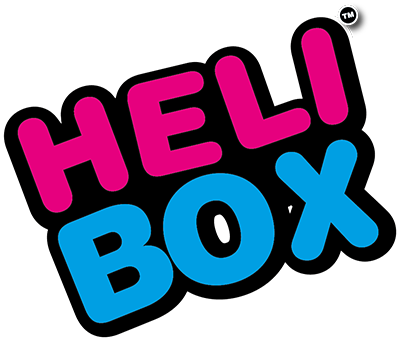 Helibox logo in pink and blue letters.