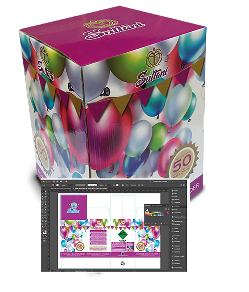 Colourful gift box design with balloon graphics.