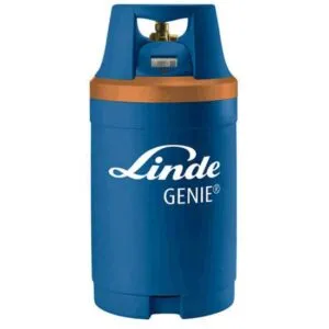 Linde Genie gas cylinder with blue and orange design.
