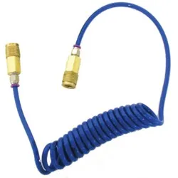 Blue coiled air hose with brass fittings.