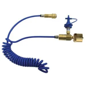 Blue coiled hose with brass fittings