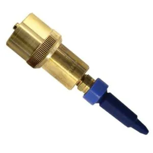 Brass garden hose connector with blue nozzle