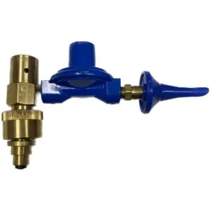 Blue and brass gas cylinder regulator valve.