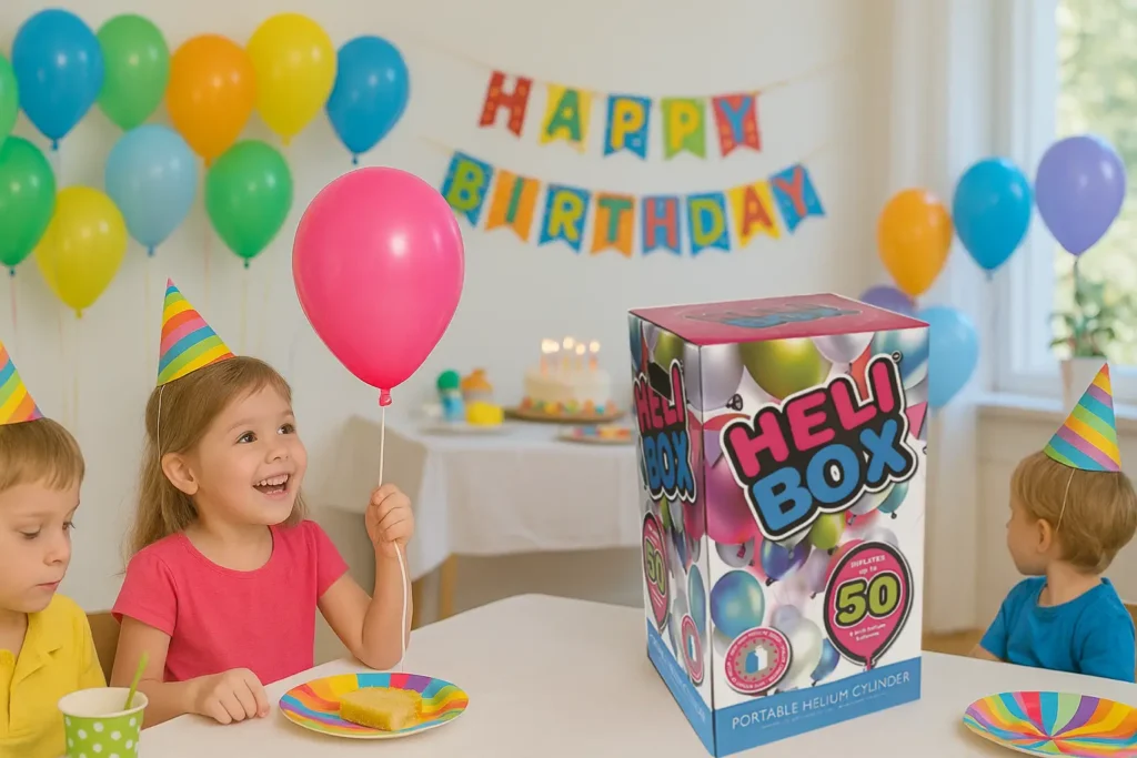 Children celebrating with balloons and helium kit