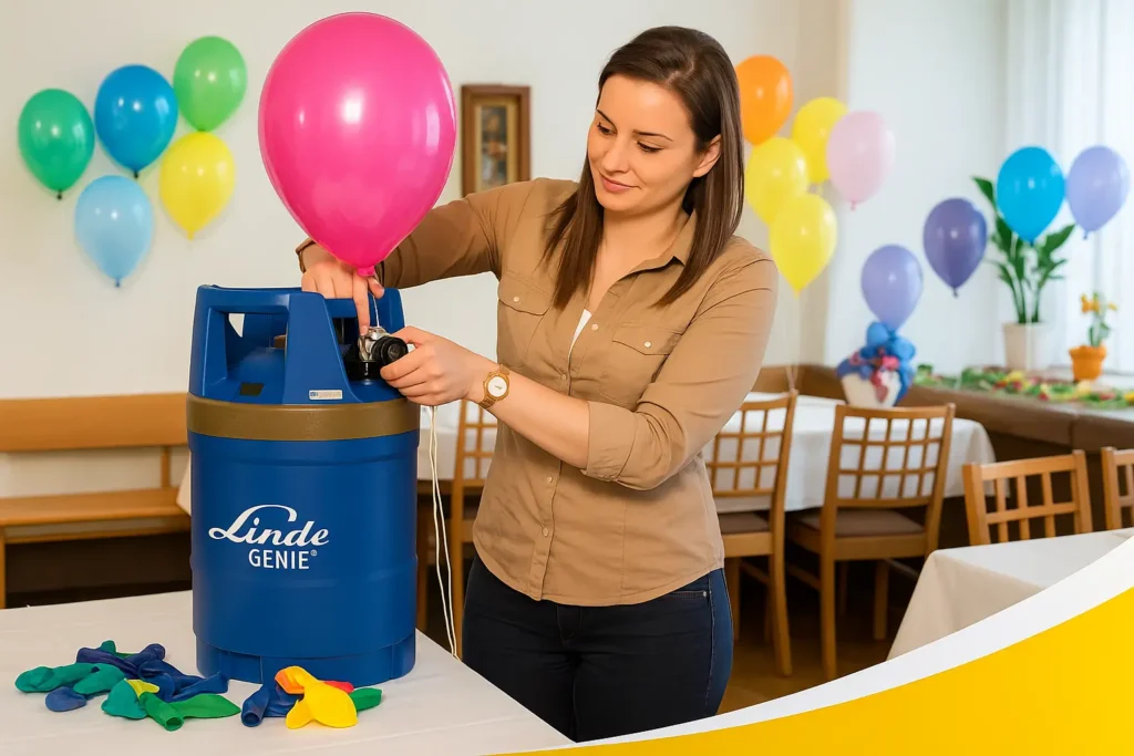 Person inflating balloon with helium tank indoors