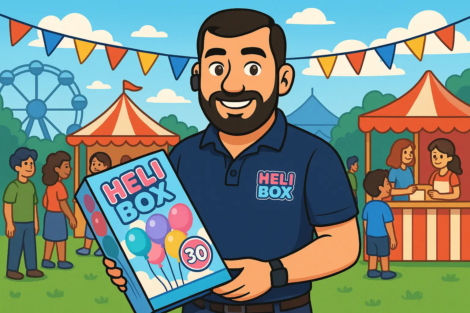Man holding Heli Box at funfair.