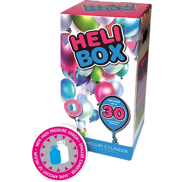 Helium cylinder box with colourful balloons design.